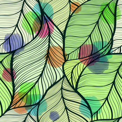 seamless pattern of leaves and watercolor spots  