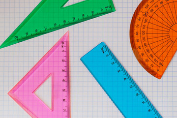 Geometry set with triangles, rulers and protractor
