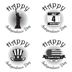 Set icon for Independence Day. Happy Independence Day. Statue of Liberty, calendar with the date July 4, Uncle Sam hat, heart shaped American (USA) flag. Vector icon isolated on white background