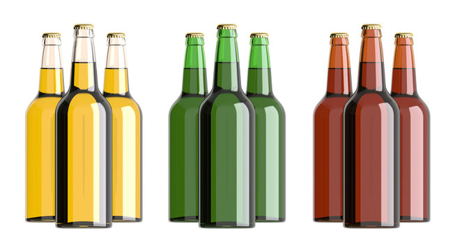 Bottled beer of different colors. 3D rendering.