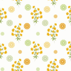 Floral seamless vintage pattern.Stylized silhouettes of flowers and branch on a white background pattern . green,orange flowers and leaves