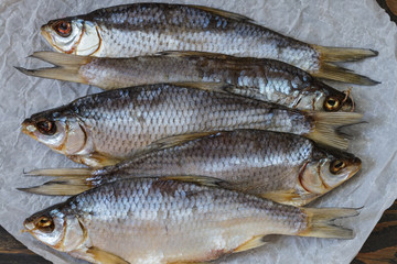 Dried fish  on the table. Traditional Russian appetizer