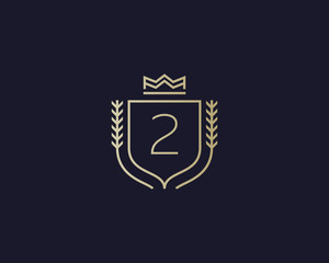 Premium number 2 ornate logotype. Elegant numeral crest logo icon vector design. Luxury figure shield crown sign. Concept for print or t-shirt .