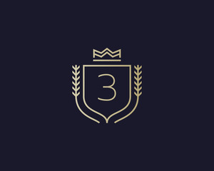 Premium number 3 ornate logotype. Elegant numeral crest logo icon vector design. Luxury figure shield crown sign. Concept for print or t-shirt .