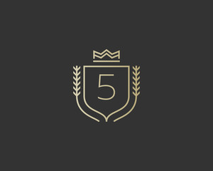 Premium number 5 ornate logotype. Elegant numeral crest logo icon vector design. Luxury figure shield crown sign. Concept for print or t-shirt .
