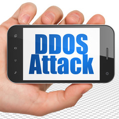 Safety concept: Hand Holding Smartphone with DDOS Attack on display