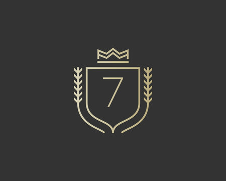 Premium Number 7 Ornate Logotype. Elegant Numeral Crest Logo Icon Vector Design. Luxury Figure Shield Crown Sign. Concept For Print Or T-shirt .