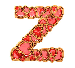 Ruby heart in gold font
