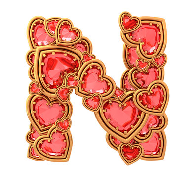 Ruby heart in gold font
