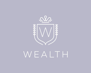 Elegant monogram letter W logotype. Premium crest logo design. Shield, royal crown symbol. Print, t-shirt shape.