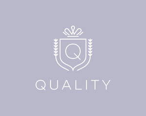 Elegant monogram letter Q logotype. Premium crest logo design. Shield, royal crown symbol. Print, t-shirt shape.
