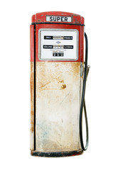 Old and rusty red fuel pump isolated on white background