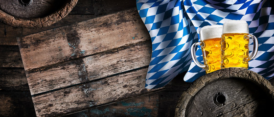 Golden lager, beer barrels and the Bavarian flag