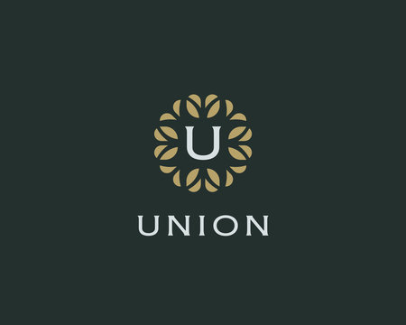 Premium monogram letter U initials logo. Universal symbol icon vector design. Luxury abc leaf logotype.