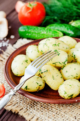 
lunch or dinner , boiled potatoes with dill and fresh vegetables , cucumbers, tomatoes and spices on wooden background