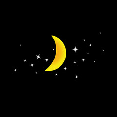 Fototapeta na wymiar Moon and stars icon. Moon crescent and star constellation on black night background. Vector Illustration