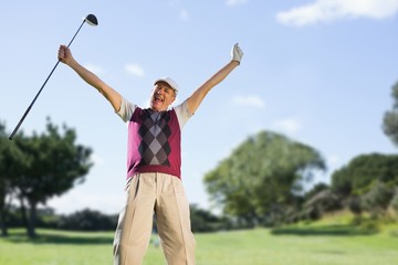 Composite image of golf player raising arms 