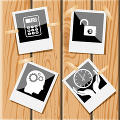 calculator, opened lock, human brain, clock in hands.