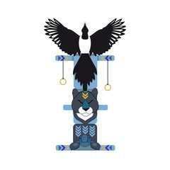 Colored north indian totem pole, vector illustration. Magpie totem. 