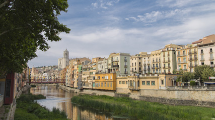 Naklejka premium Girona city main skyline with cathedral landmark in Catalonia, Europe