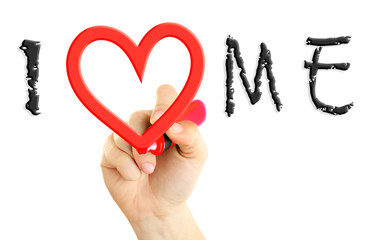 Love yourself concept. Hand writing I Love Me on transparent whiteboard