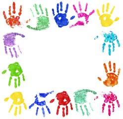 Fototapeta premium Collection of colorful hand prints, isolated on white background