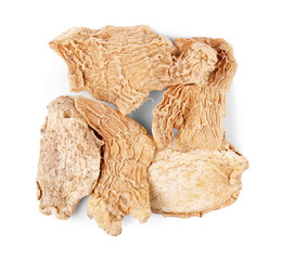 Square of dried ginger slices on white background