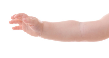 Baby's hand gesturing, isolated on white
