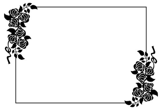 Horizontal black and white frame with roses silhouettes. Vector clip art.