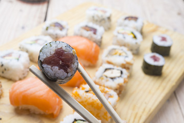 Fresh Homemade Sushi Roll against a background