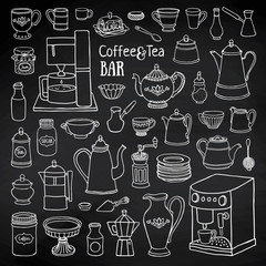 Doodle sketch of pots, cups, coffee machine isolated on blackboard