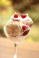 Raspberry ice  cream with fresh raspberries and whipped cream, selective focus
