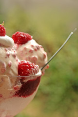 Raspberry ice  cream with fresh raspberries and whipped cream, selective focus
