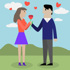 Happy valentine day couple on date. Man give flower woman. Valen