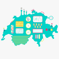 Map of Switzerland like a cute machine with buttons, panels and levers. Isolated. White background.