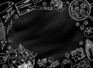 Blackboard background. Top view kitchen frame with vegetables, dishes for design.