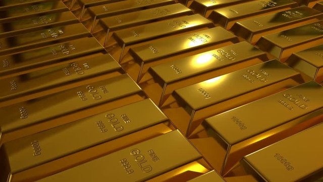 many gold bars in the dark illuminated by the moving spotlight, 3d rendering