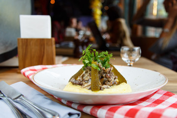 .Stroganov (beef Stroganoff) with potatoes and cucumber