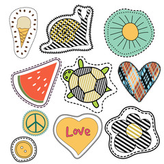 happy embroidery colorful summer patches collection. vector illustration for stickers, patches, magnets, greeting card decoration