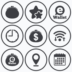 Fototapeta premium Electronic wallet icons. Dollar cash bag sign.