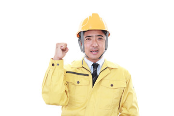 ガッツポーズの労働者