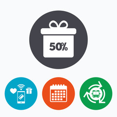 50 percent sale gift box tag sign icon.