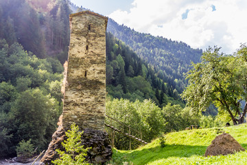 Fototapeta na wymiar ancient stone tower in Georgia, mountain background