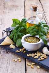 Pesto sauce and ingredients