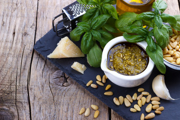 Pesto sauce and ingredients