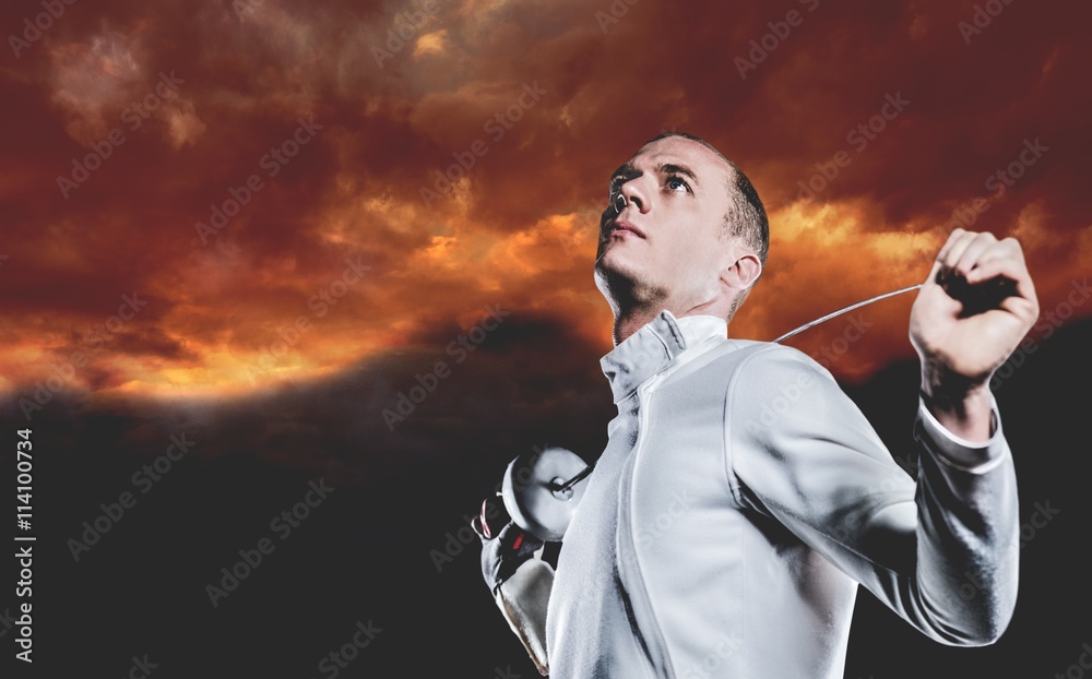 Sticker Composite image of swordsman holding fencing sword