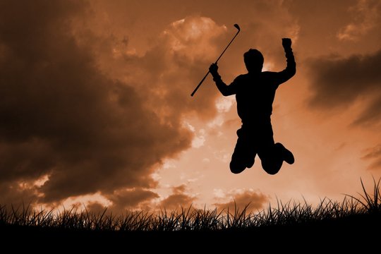 Composite image of man jumping with golf club