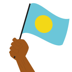 Hand holding and raising the national flag of Palau