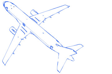 Reiseflugzeug mit blauem Stift auf weiss gezeichnet.