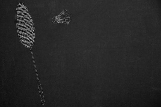 Seitenansicht einer Badmintonszene gezeichnet mit weisser Kreide auf schwarz